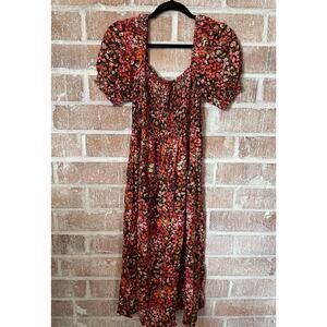 h&m puff sleeve floral fall colored midi dress orange brown red
